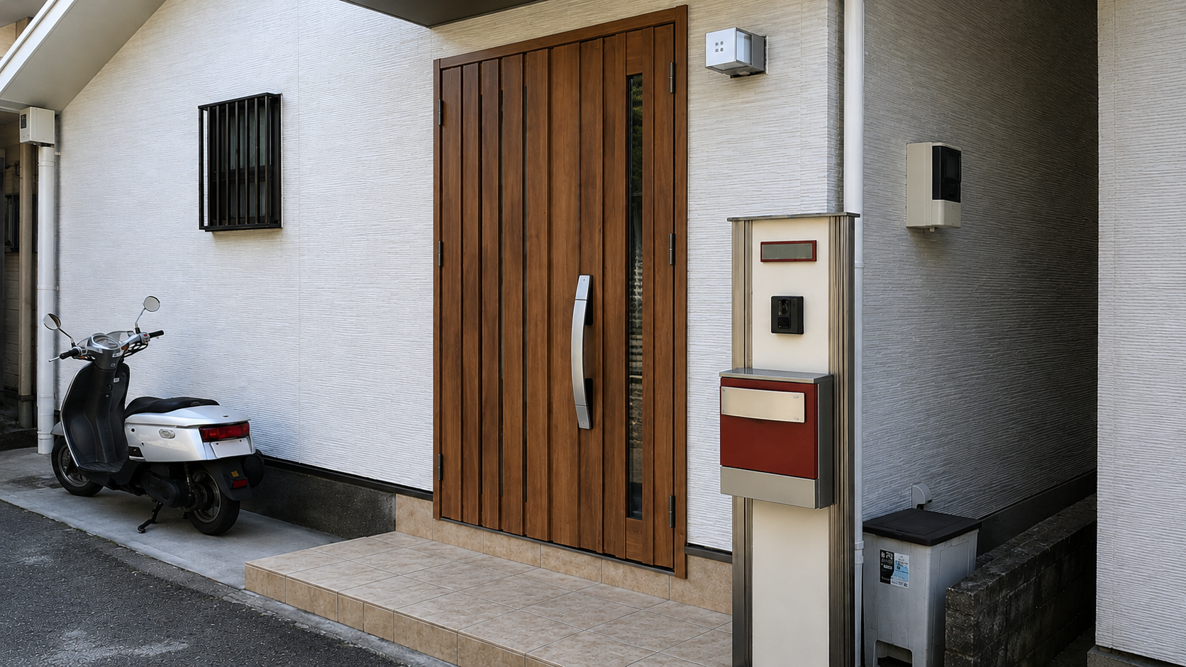 Residential entrance with tall wooden double door, vertical window strip, and tiled step leading to the door; a white scooter parked to the left against a textured wall.
